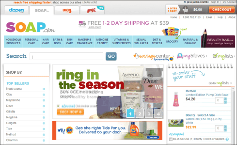 Soap.com homepage with recent orders